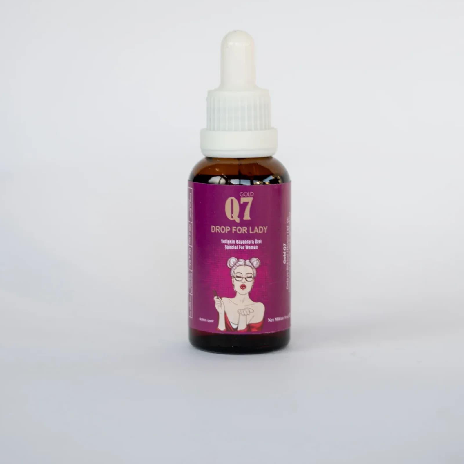 Q7 Gold Drops for Women, strawberry essence, bottle, angled view, showing dropper