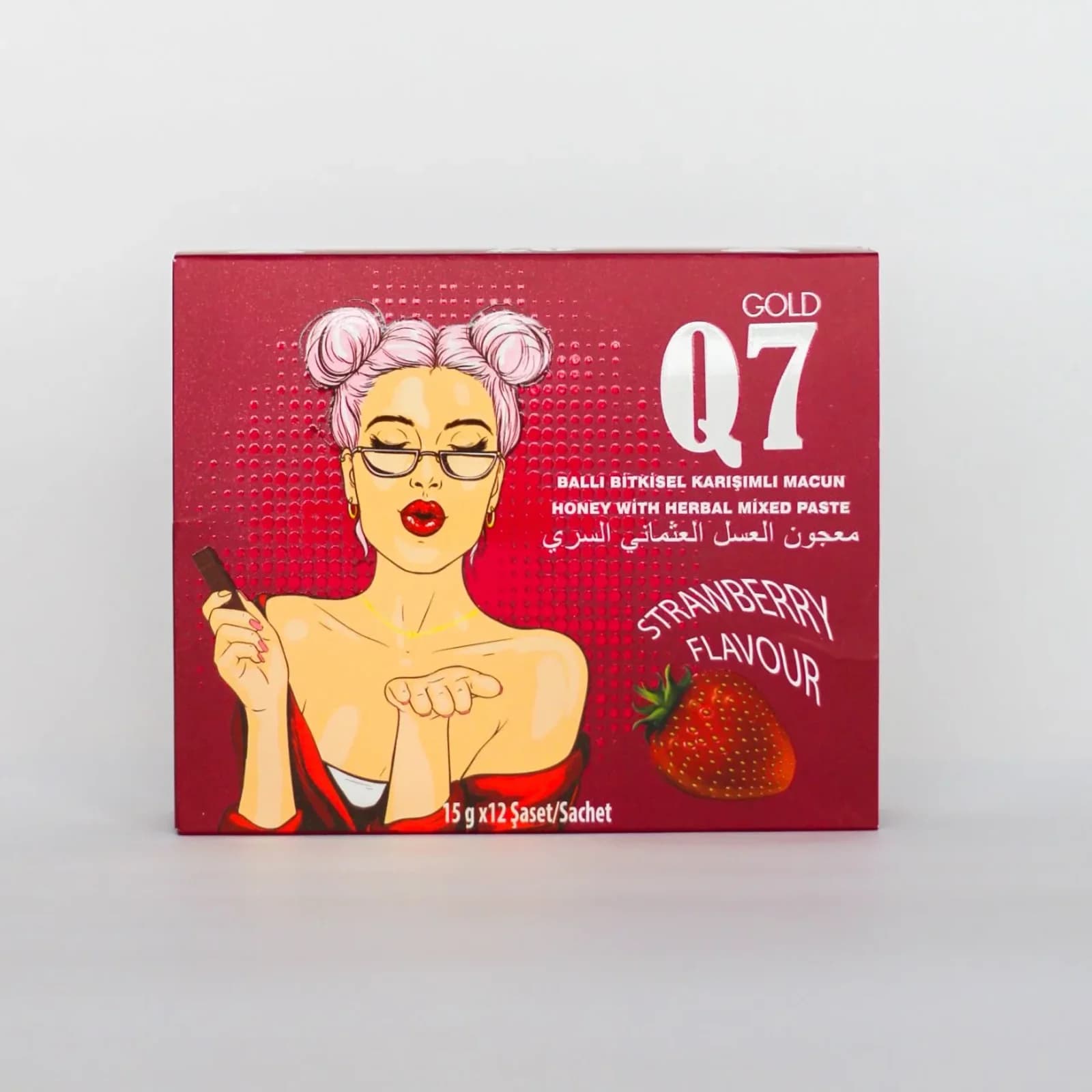 Gold Q7 Strawberry herbal sachets for women. Close-up of sachet with strawberry graphic.
