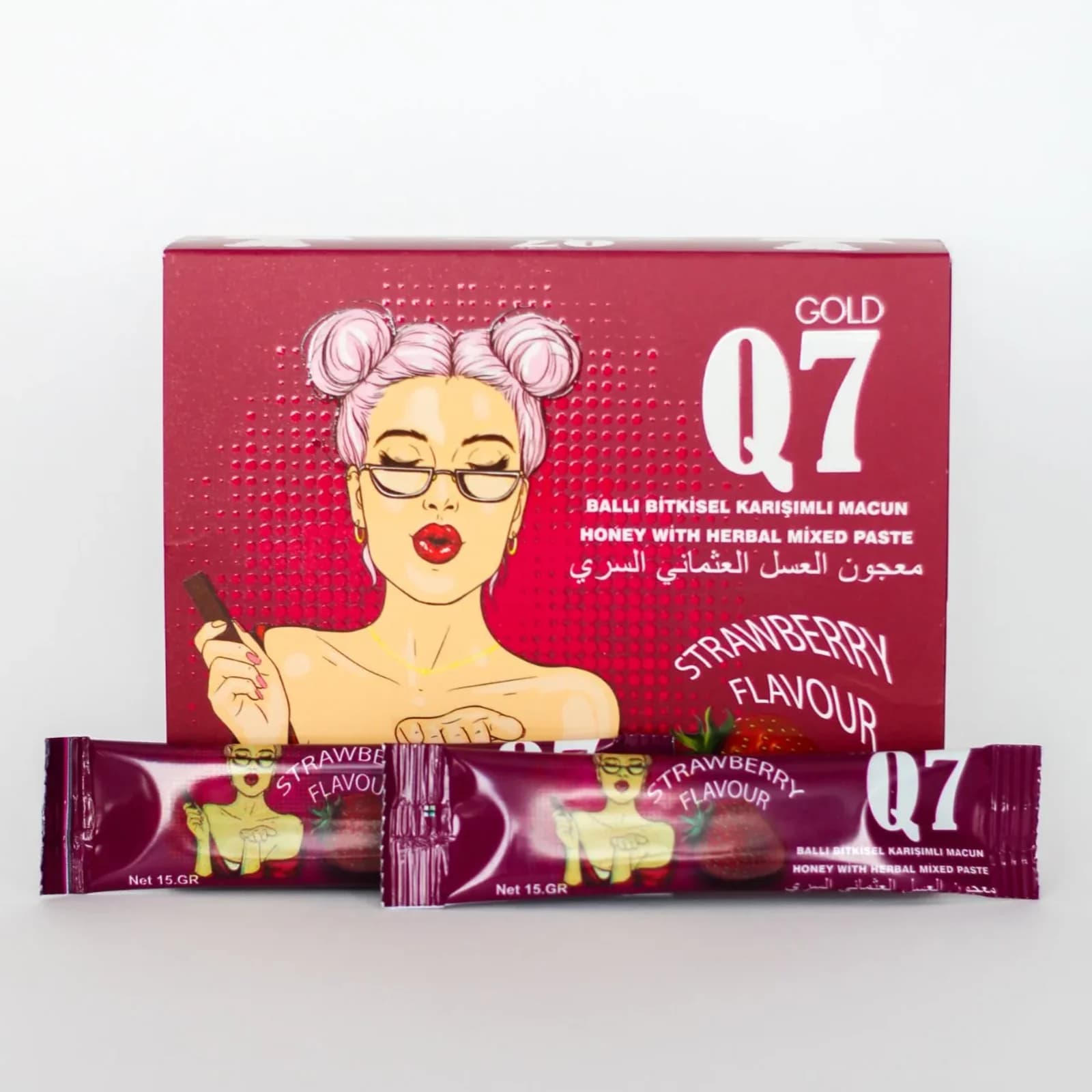 Gold Q7 Strawberry herbal sachets in packaging from side angle
